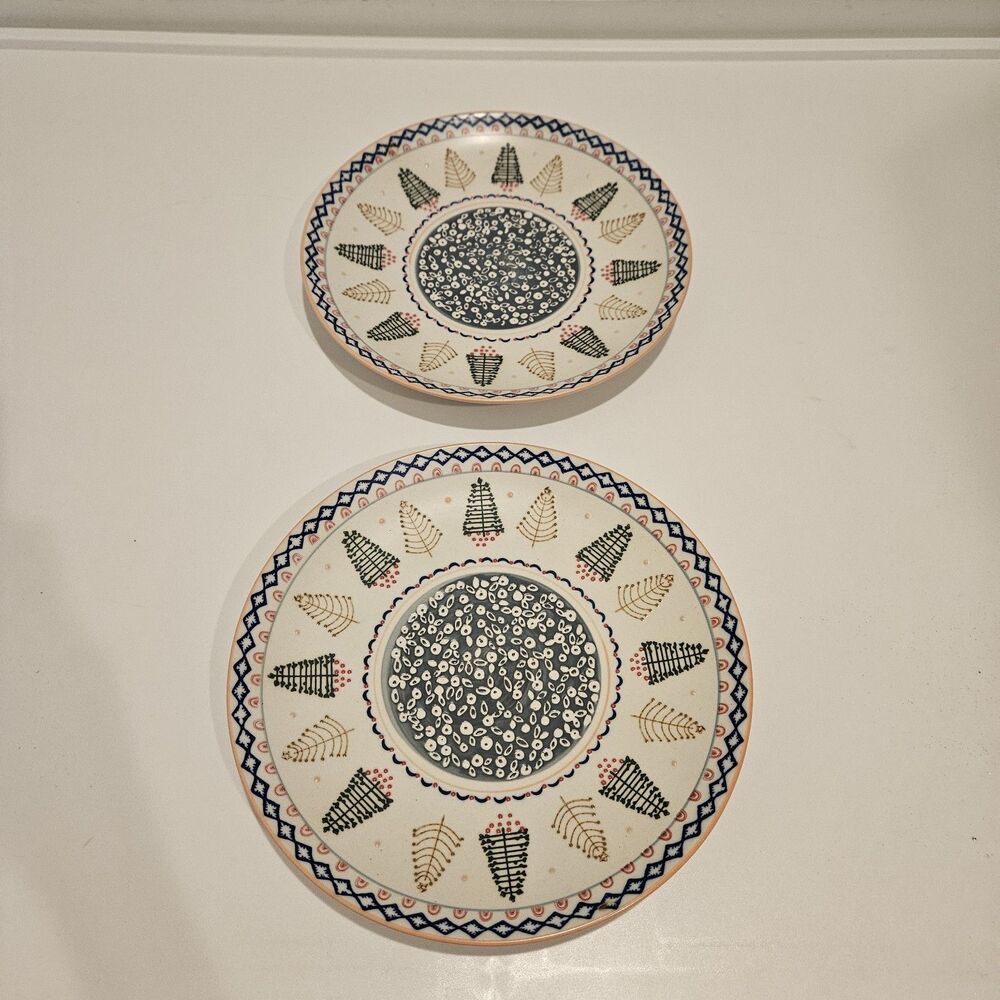 2 West Elm Scandi Christmas Holiday Forest Trees Hand Painted 10" Dinner Plates